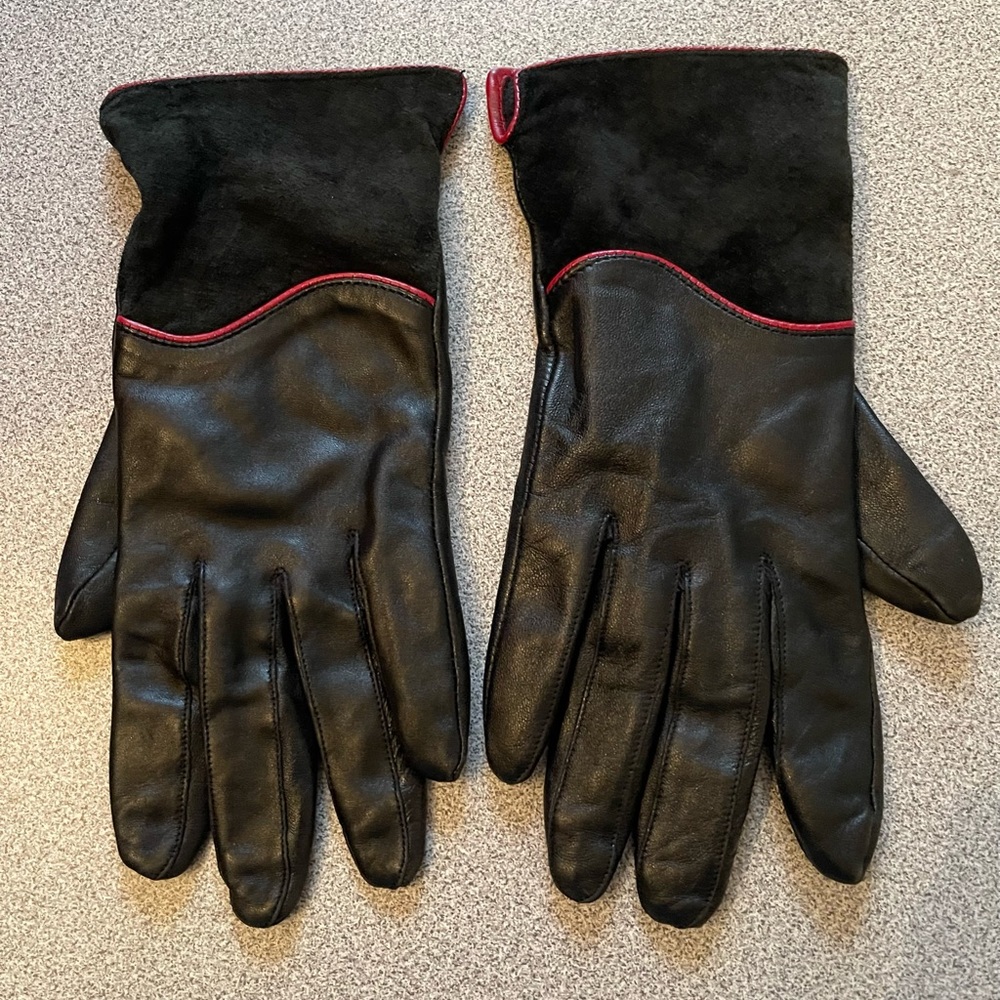 Black Leather & Suede Gloves With Red Piping